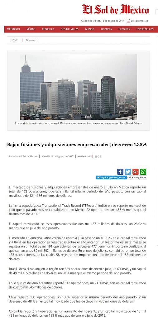 Bajan fusiones y adquisiciones empresariales; decrecen 1.38%